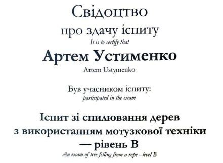 Сертифікат арбориста Артема